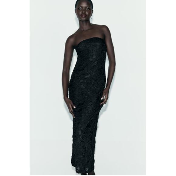 Zara Black Ruched Lace Strapless Midi / Maxi Dress Size Small - Picture 1 of 10